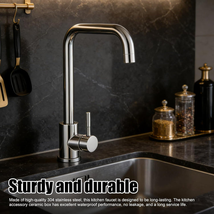 Silber Wasserhahn Küche aus Edelstahl, Küchenarmatur mit 60cm Zulaufschlauch, Mischbatterie Küche, 3