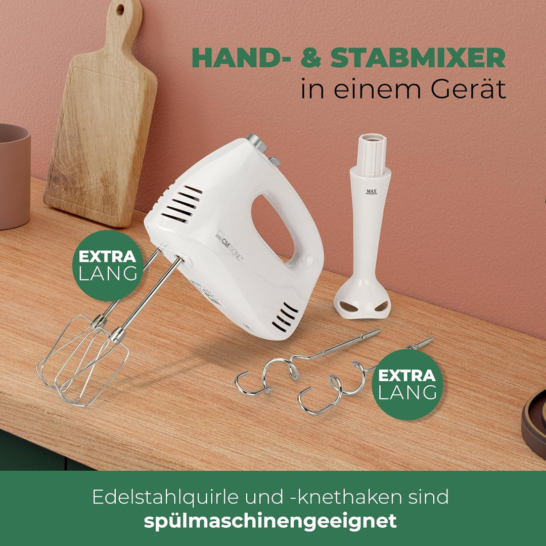 Clatronic Handmixer HM 3524, Set mit Mixstab, Edelstahlquirle & extra lange Knethaken, 5 Geschwindig