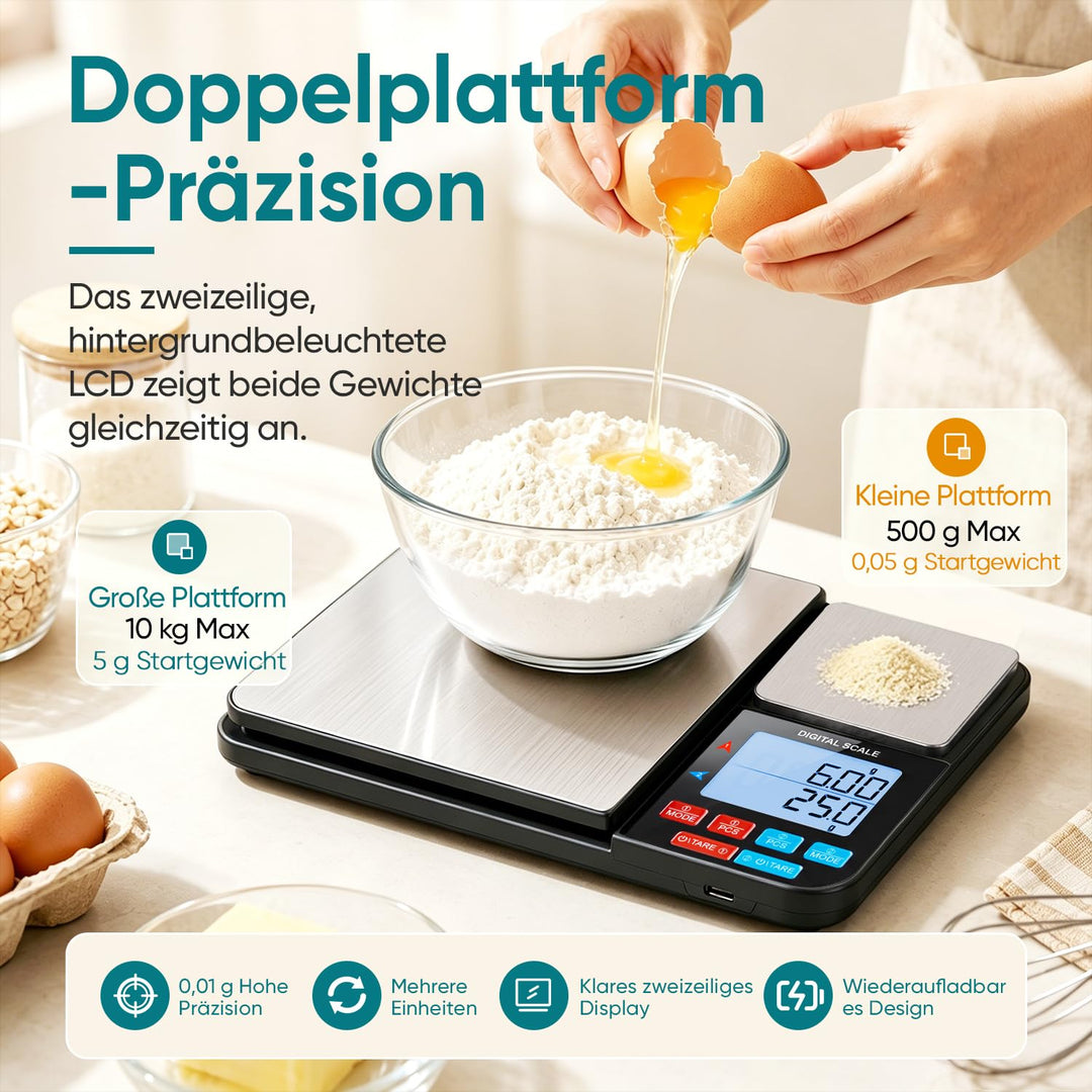 Wigearss Küchenwaage Digital mit Dual Plattform 10kg/1g und 500g/0.01g, Doppelfunktion Küchen Feinwa