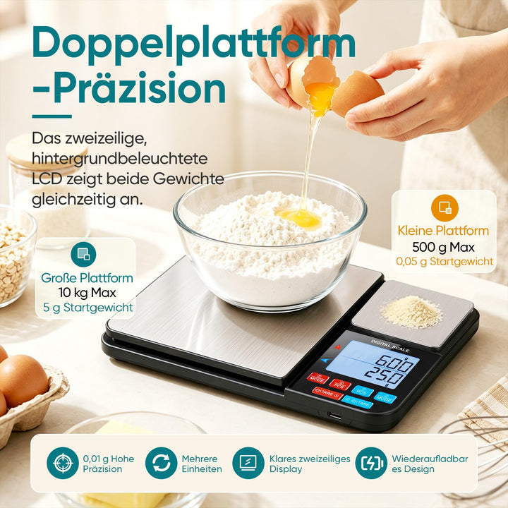 Wigearss Küchenwaage Digital mit Dual Plattform 10kg/1g und 500g/0.01g, Doppelfunktion Küchen Feinwa