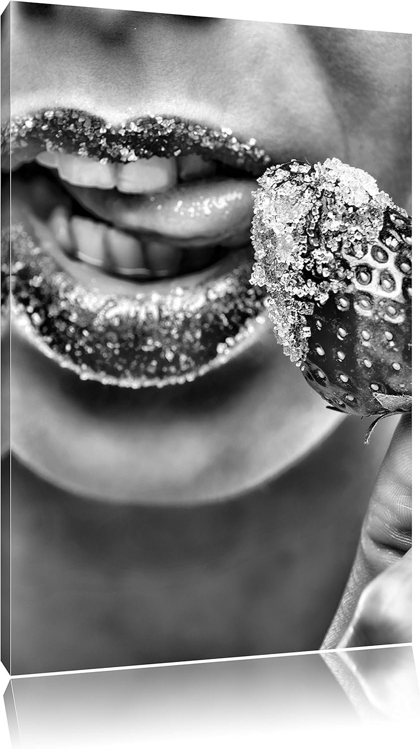 Pixxprint Erdbeere Zucker Lippen als Leinwandbild/Grösse: 100x70 / Wandbild/Kunstdruck/fertig bespan