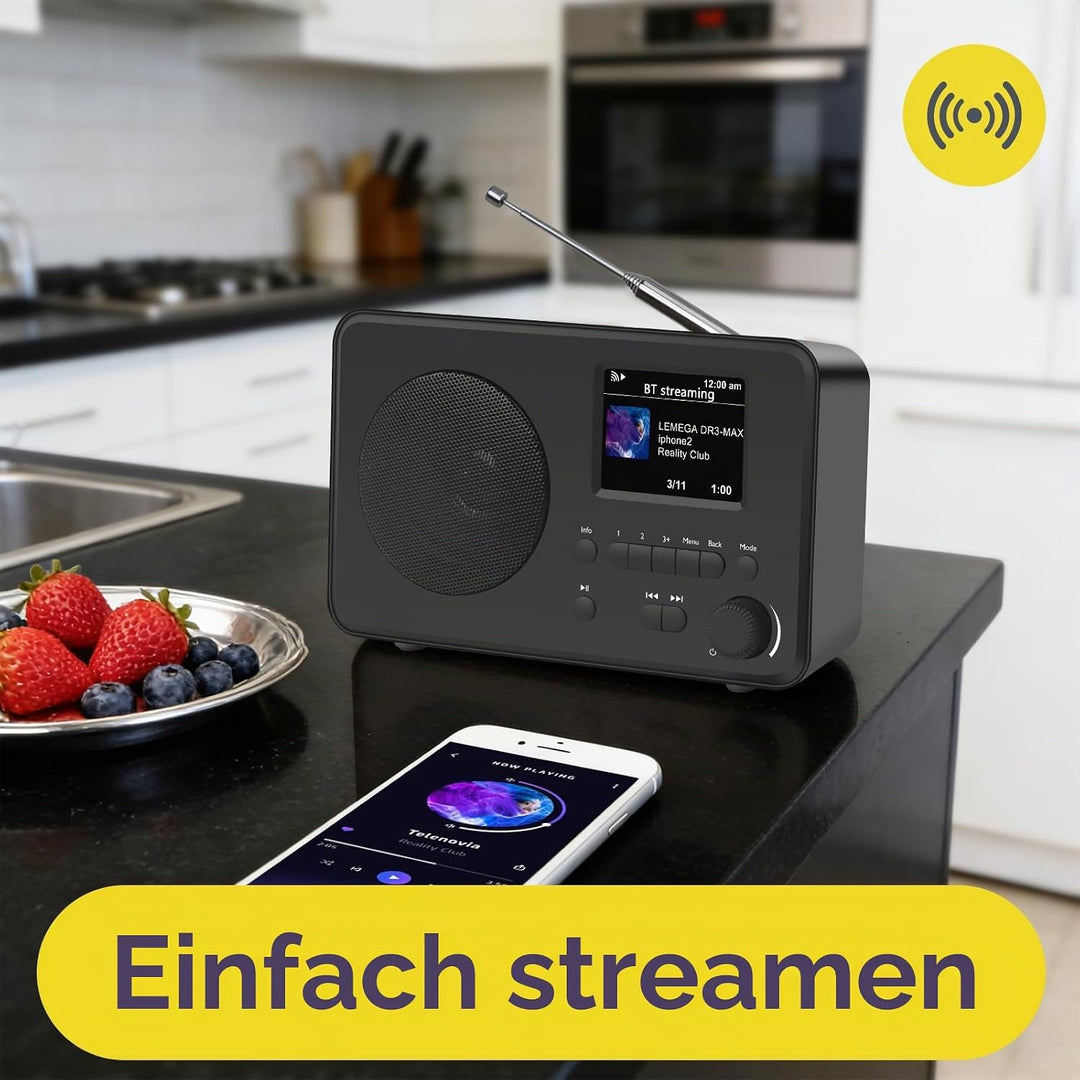 LEMEGA DR3-Max DAB/DAB+/UKW-Digitalradio – Bluetooth-Streaming, tragbares Radio mit 2,4-Zoll-Farbdis