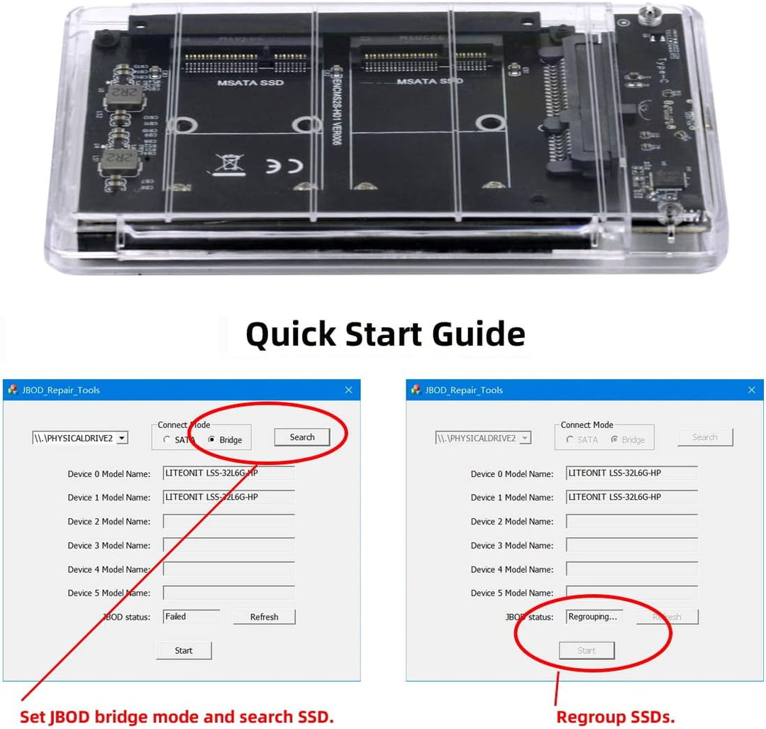 NFHK Dual MSATA Mini-SATA SSD Karte JOBD Raid0 Span-Bridge auf USB 3.0 Type-C USB-C 2,5 Zoll SATA Co