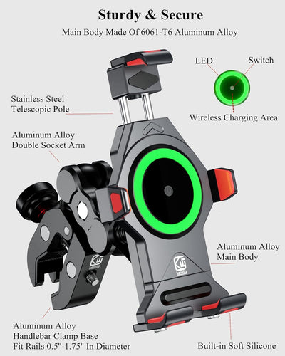 BRCOVAN Aluminiumlegierung Motorrad Handyhalterung mit Qi 15W Drahtloses Ladegerät und Vibrationsdäm