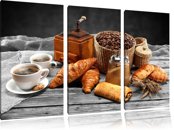 Pixxprint Aromatischer Kaffee mit Croissant Schwarz/Weiss 3-Teiler Leinwandbild 120x80 Bild auf Lein