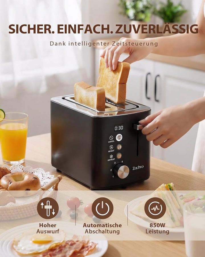 2-Scheiben Edelstahl Toaster – 3,5 cm Extra-Breitschlitz, Countdown-Anzeige, 6 Bräunungsstufen, 850
