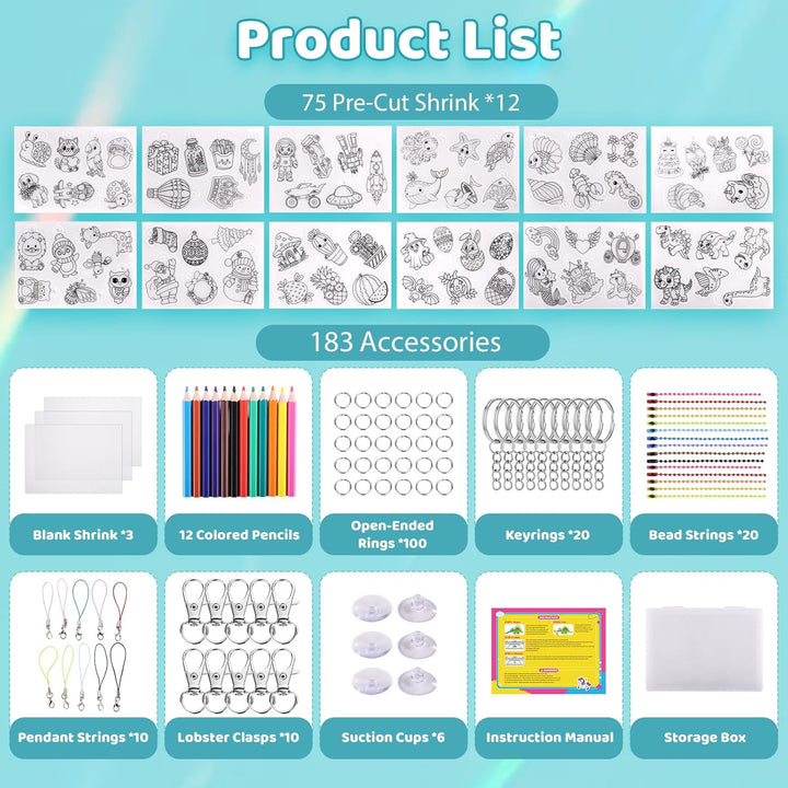 Funtopia Schrumpffolie Bastelset für Kinder, 75 Vorgeschnittene Designs in 12 Themen, mit Schlüssela