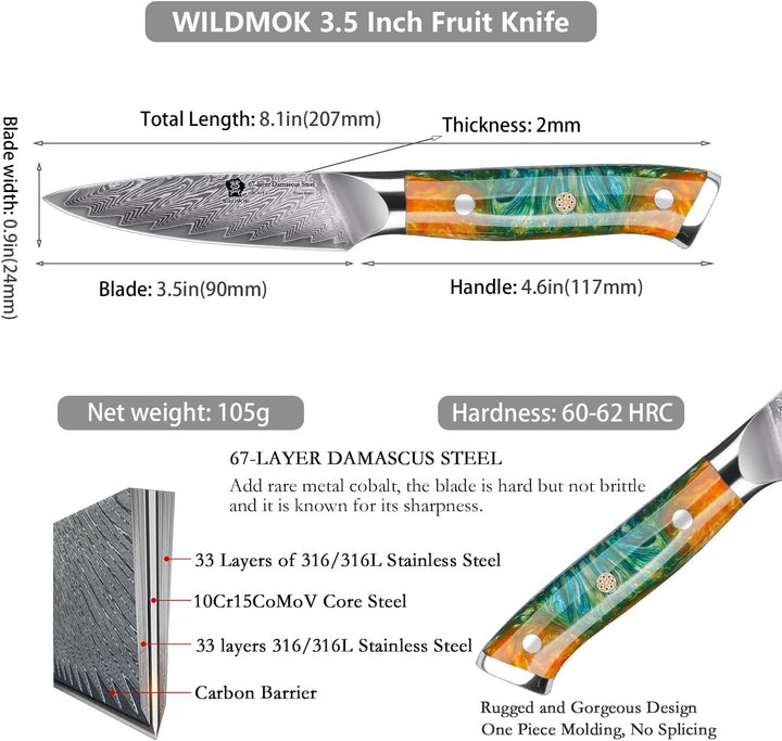 WILDMOK Damast-Schälmesser, 8cm, japanischer 67-lagiger Damaststahl, professionelles Schälmesser, Ko