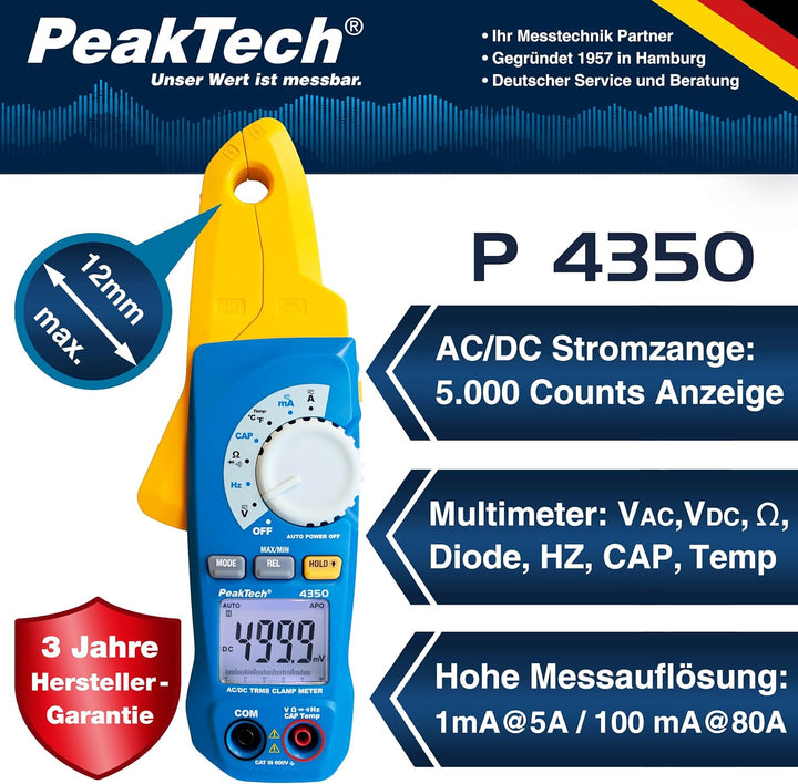 PeakTech 4350 – True RMS Stromzange 80A AC/DC, Digital Multimeter, Zangenmessgerät, Strommesszange,