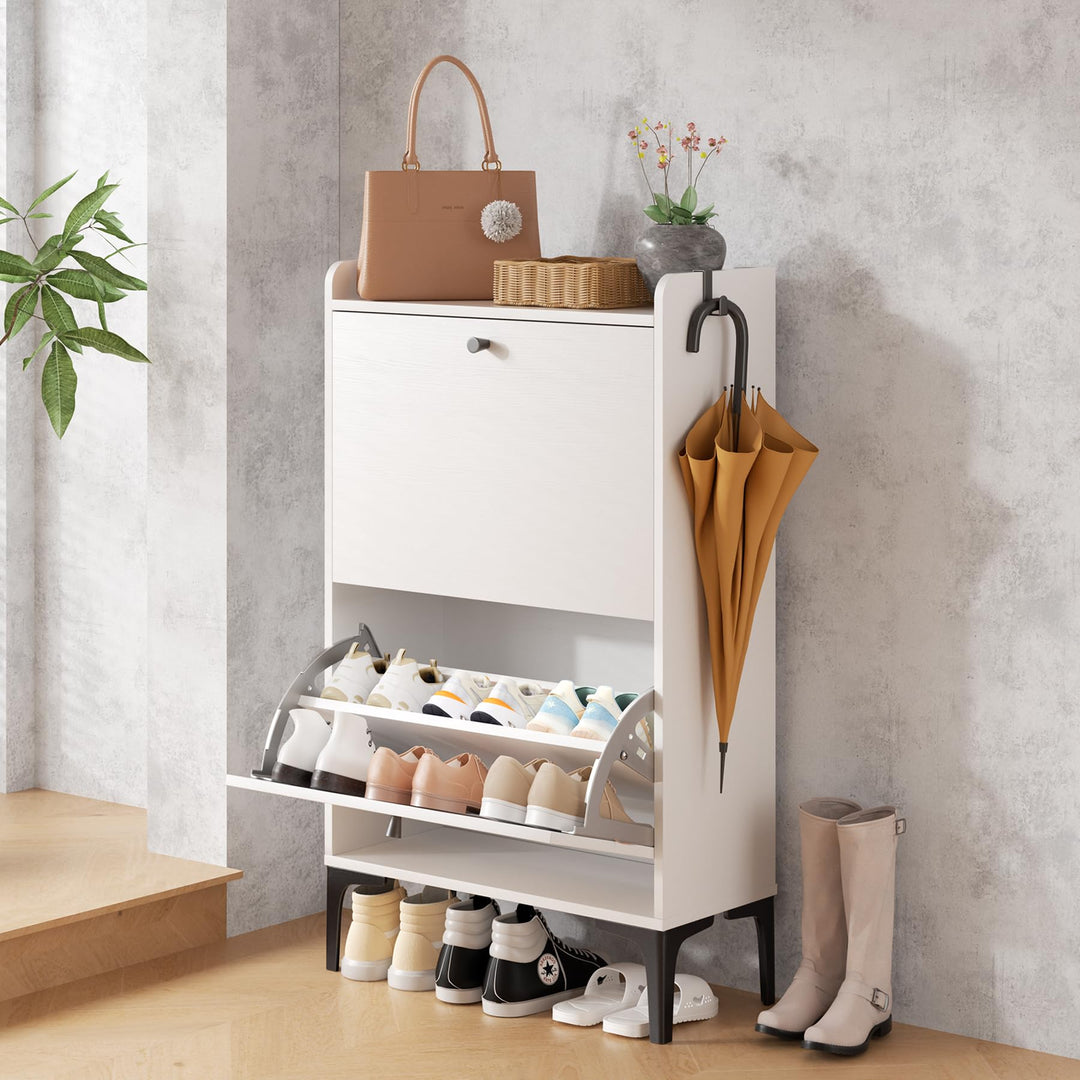 Dripex Schuhschrank weiss, Schuhkipper mit 2 Flip-Schubladen,Schuhregal schmal mit Metallfüssen, ver