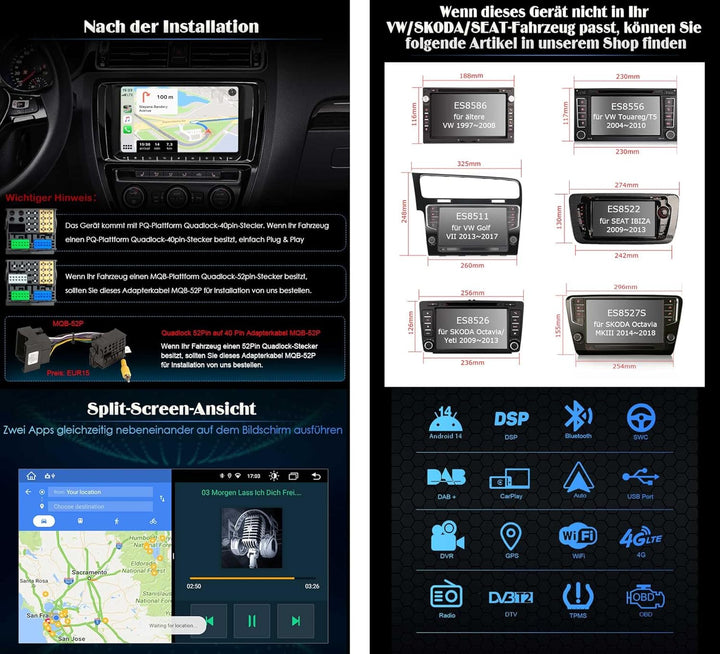Erisin 8-Kern 4GB+64GB 9 Zoll Android 14 Autoradio mit Bluetooth GPS Navi für VW Touran Passact B7 T