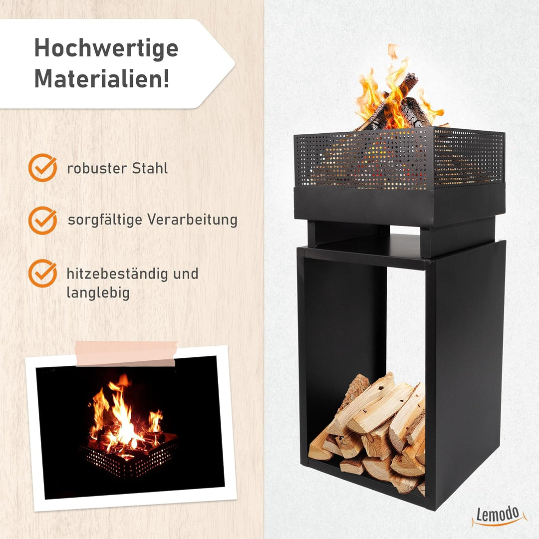 Lemodo Feuerkorb mit Holzlager – Feuerstelle aus robustem Stahl, modernes Design, ideal für Garten u