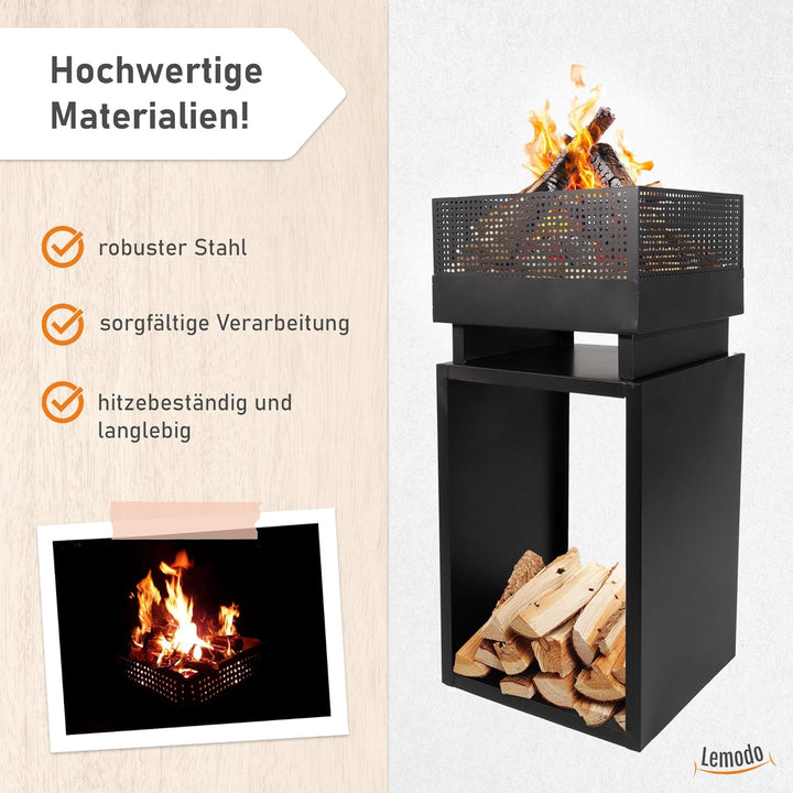Lemodo Feuerkorb mit Holzlager – Feuerstelle aus robustem Stahl, modernes Design, ideal für Garten u