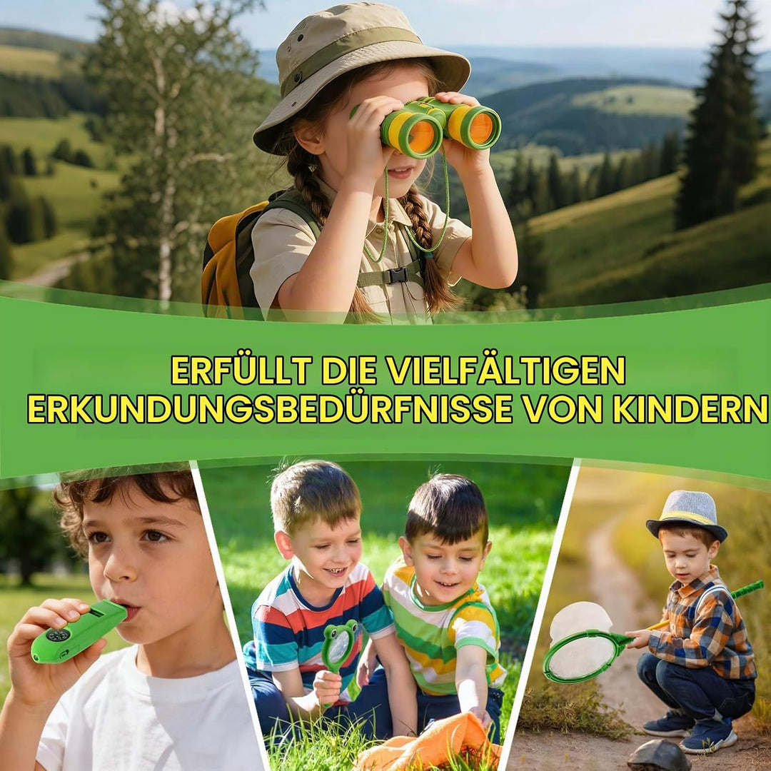Forscherset für Kinder ab 4, 22 Stück Entdecker Set mit Insektenfänger Kompass Becherlupe Fernglas f