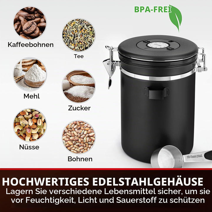 Miepls Kaffeedose aus Edelstahl, Vakuumdicht 1,8L, Speichert Kaffee frisch