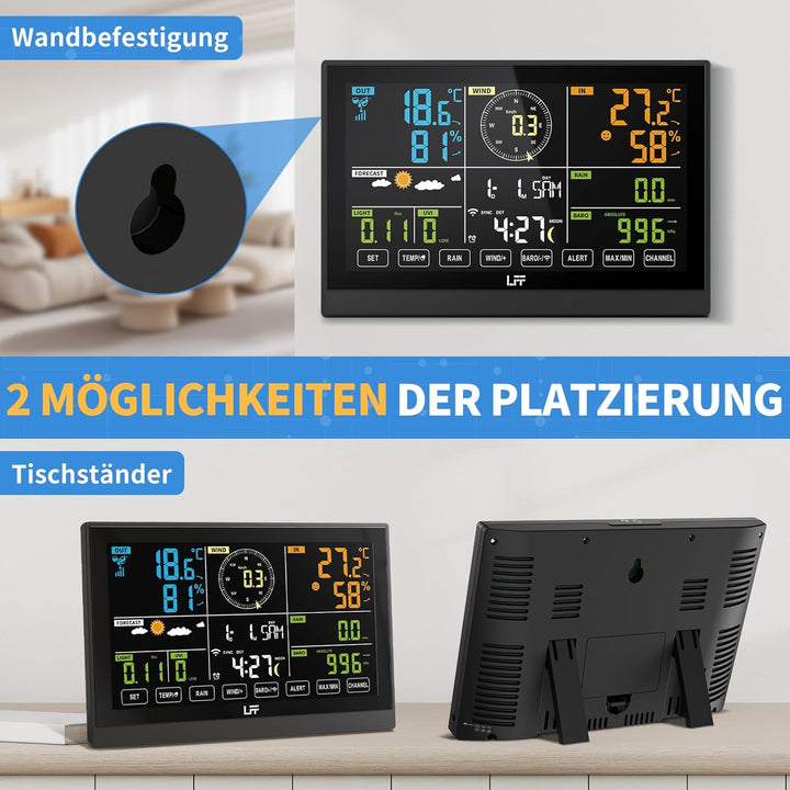 LFF WLAN 7-In-1 Wetterstation Funk mit Aussensensor, 7,5 Zoll Display,Wetterstation mit Smart Life-A