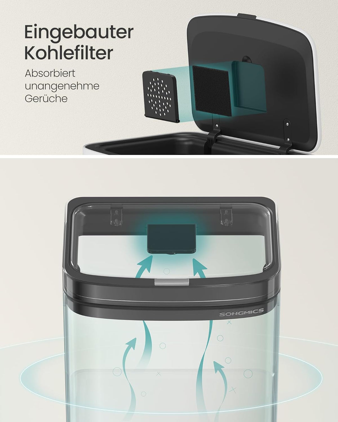 SONGMICS Mülleimer Küche, Mülltrennsystem 3 Fächer, 2 x 10 L und 30 L, Abfalleimer aus Stahl, platzs