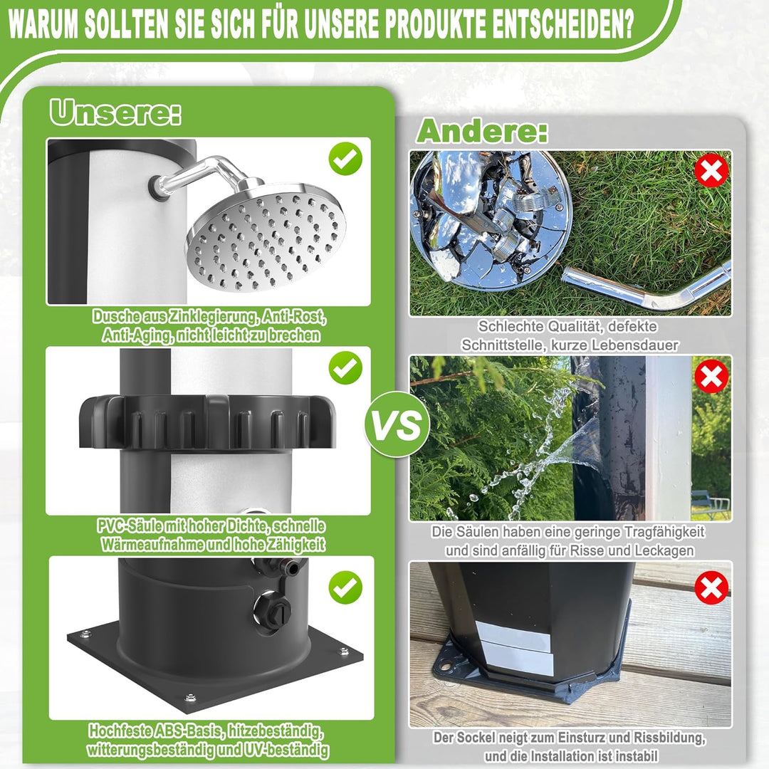 XMTECH Solardusche 40L, Solar Gartendusche, Pooldusche &amp; Aussendusche, mit Fussdusche, 360° Regendus