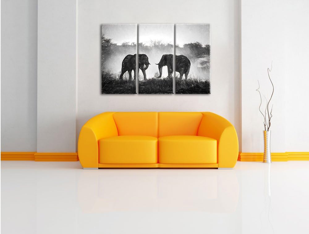 Pixxprint kämpfende Elefanten Kunst / 3-Teilig/Gesamtmass 120cm Leinwandbild bespannt auf Holzrahmen