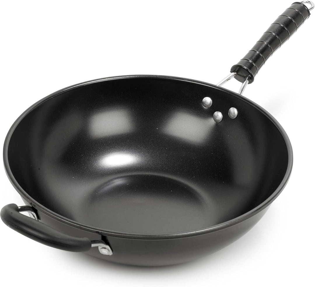 Homiu Wok Traditionelles Design mit 2 Griffen, antihaftbeschichtet, grosse Pfanne, Bakelit-Griff, Ka