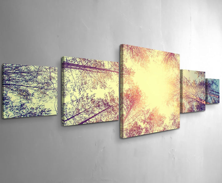 Leinwandbild 5 teilig (160x50cm) Vintage – Wald, Baumwipfel 5xQuadrat Gesamt 160x50cm, 5xQuadrat Ges