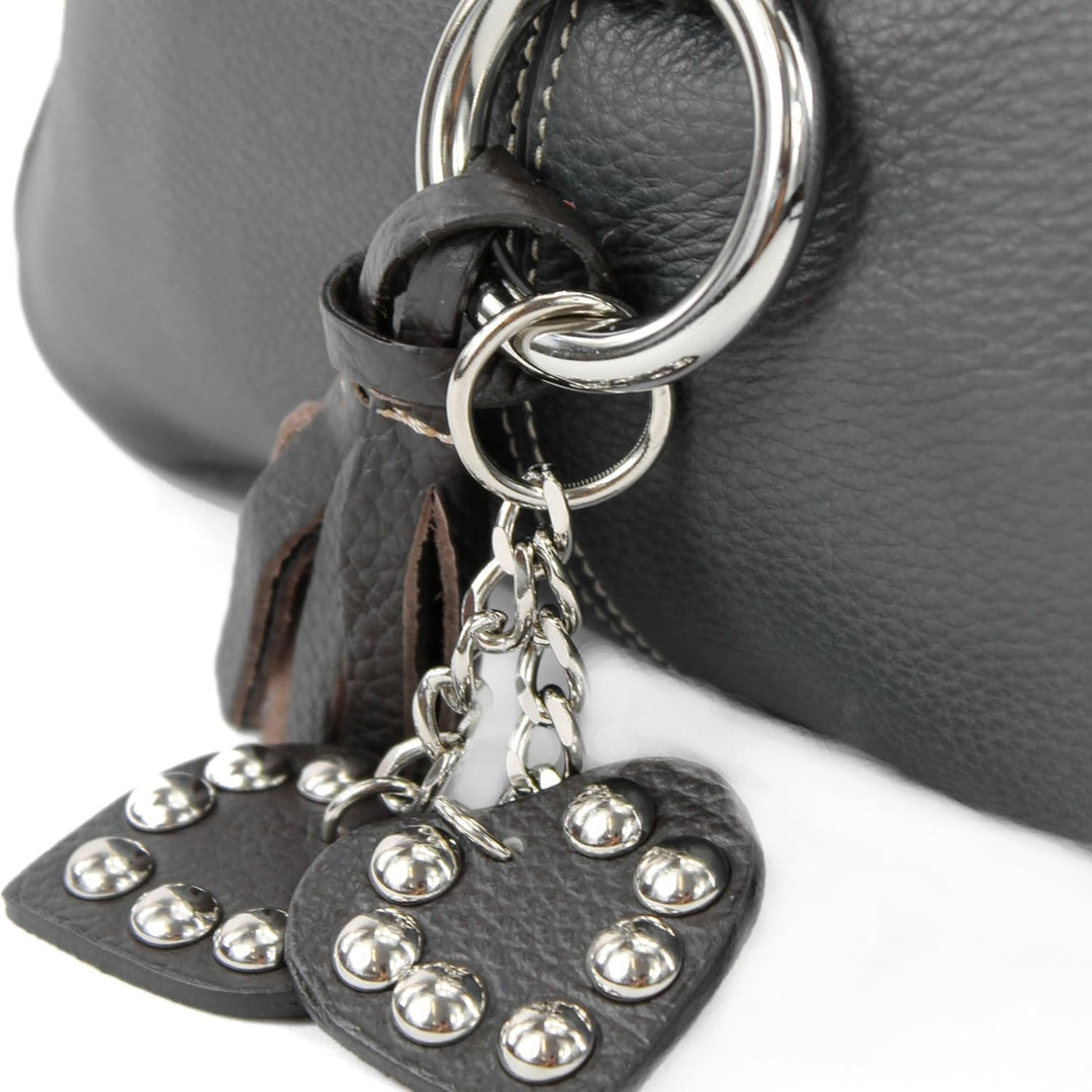 modamoda de - T10 - ital. Leder Schultertasche Umhängetasche Dunkelgrau/Dunkelbraun, Dunkelgrau/Dunk