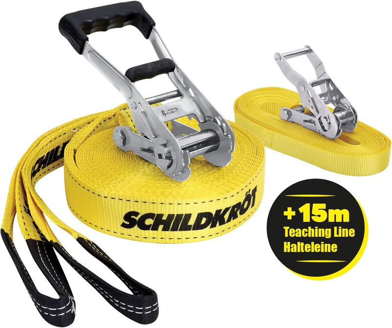 Schildkröt® Slackline 15m, zusätzlich mit Teaching Line, Hilfsline für Anfänger, robuste 5cm breite