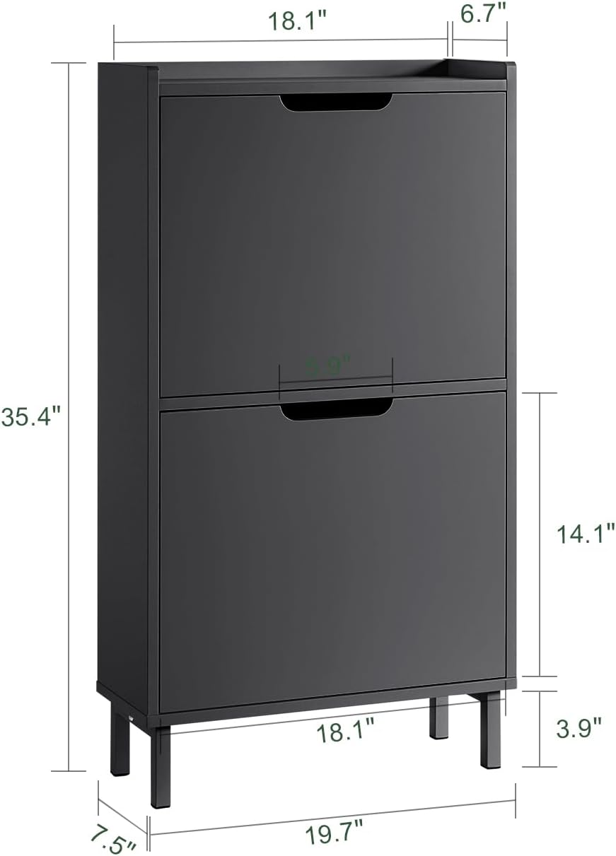 SoBuy Schuhschrank schmal mit 2 Klappen Platzsparender Schuhkipper Hoch Kommode Schuhregal geschloss