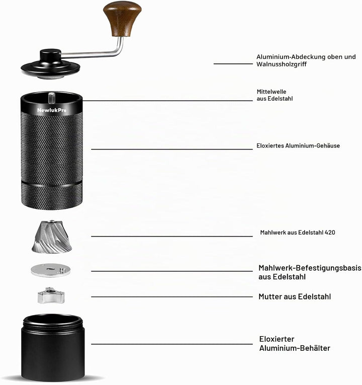 NewlukPro M6 Kaffeemühle Handbuch, Kapazität 25g, Hand Kaffeemühle Sharp Hexagonal Mahlkern, tragbar