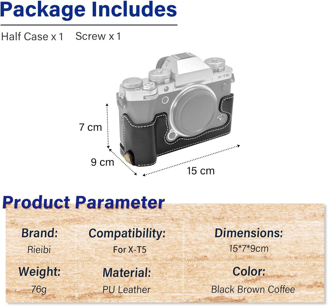 Rieibi Fuji XT5 Schutzhülle – hochwertiges PU-Leder Halbtasche für Fujifilm X-T5 Digitalkamera – sch