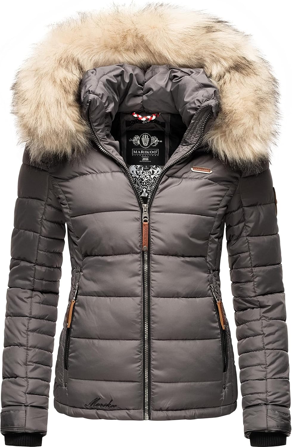 MARIKOO Damen Winterjacke Steppjacke mit abnehmbarem Kunstfell Lerikaa XS-3XL XL Dark Grey, XL Dark