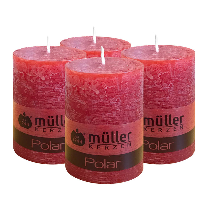 Müller Kerzen POLAR Stumpenkerzen mit Raureif-Effekt - Set mit 4 Rustikale Kerzen - Rot - 68 x 100 m