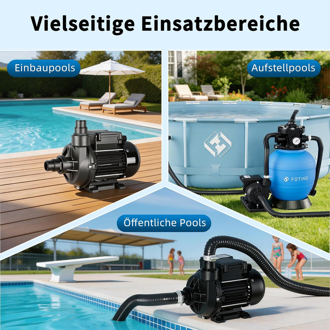 FOTING Poolpumpe 11.500 l/h, max. 10 m Förderhöhe, Schwimmbadpumpe für Swimmingpool &amp; Pool Garten -