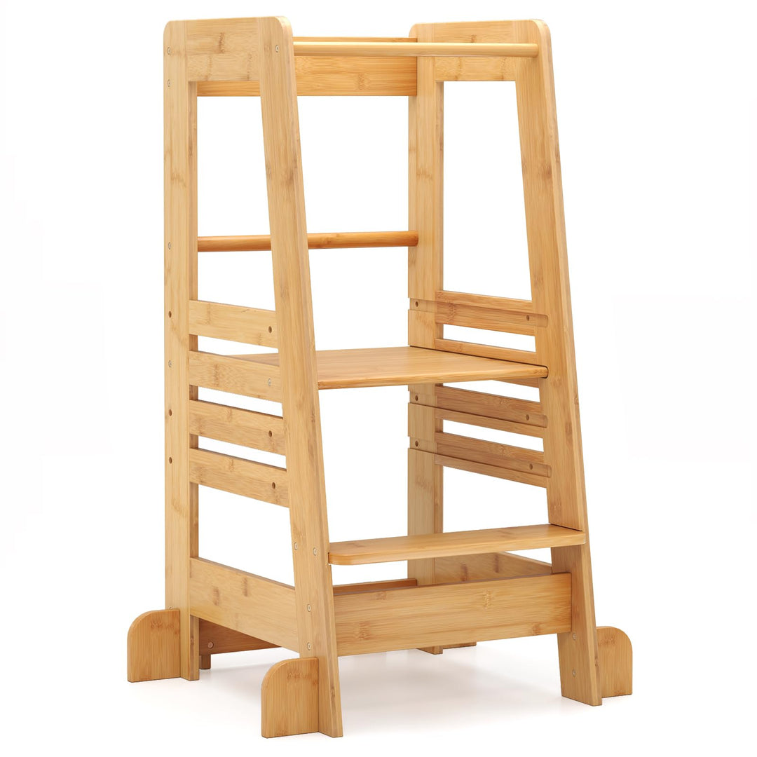 COSTWAY Lernturm Kinder aus Bambus, Tritthocker Montessori mit 4 verstellbaren Höhen &amp; Sicherheitsge