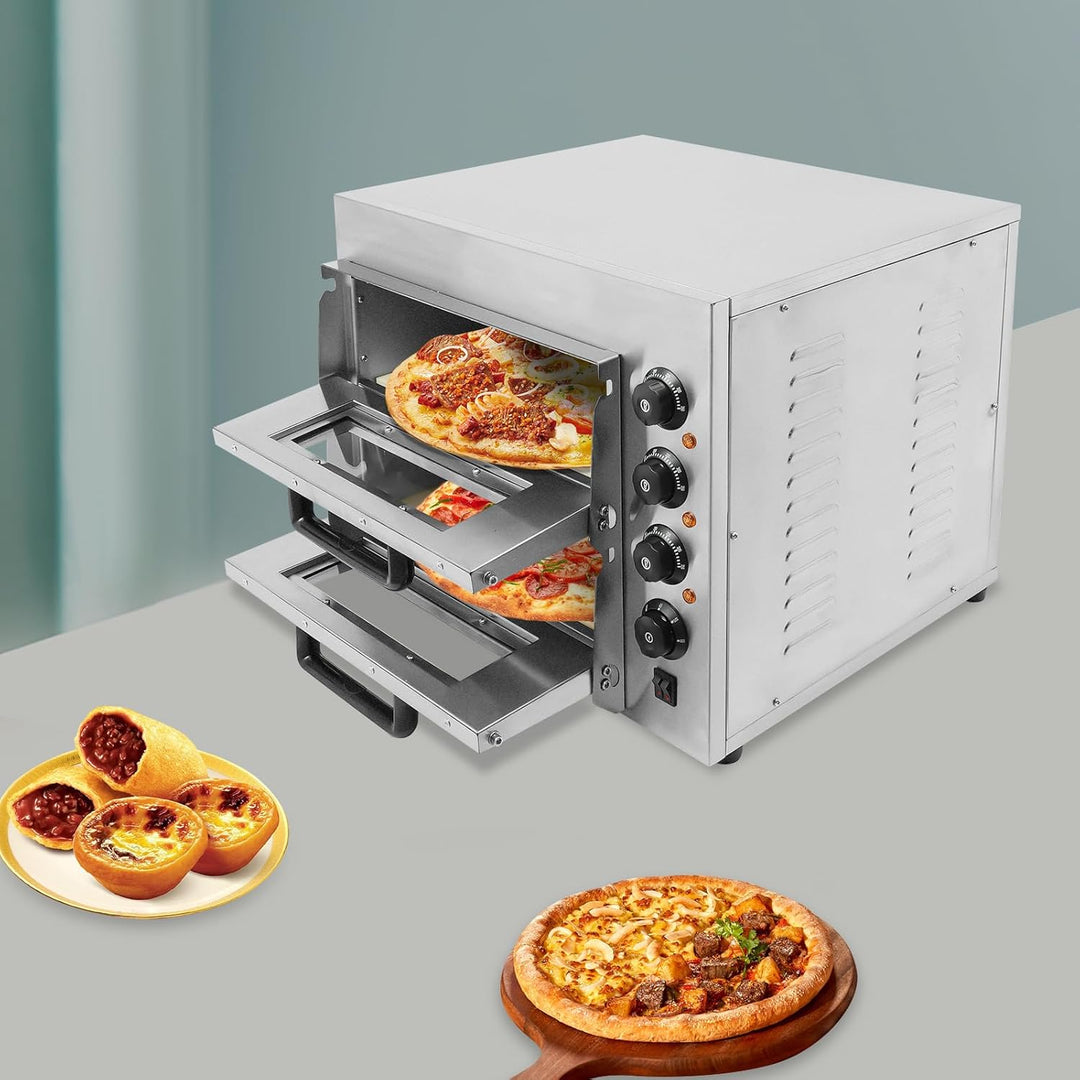 Pizzaofen elektrisch Edelstahl 3000W für den Innenbereich Doppelstock Pizzabackofen 2 Etagen mit Tem