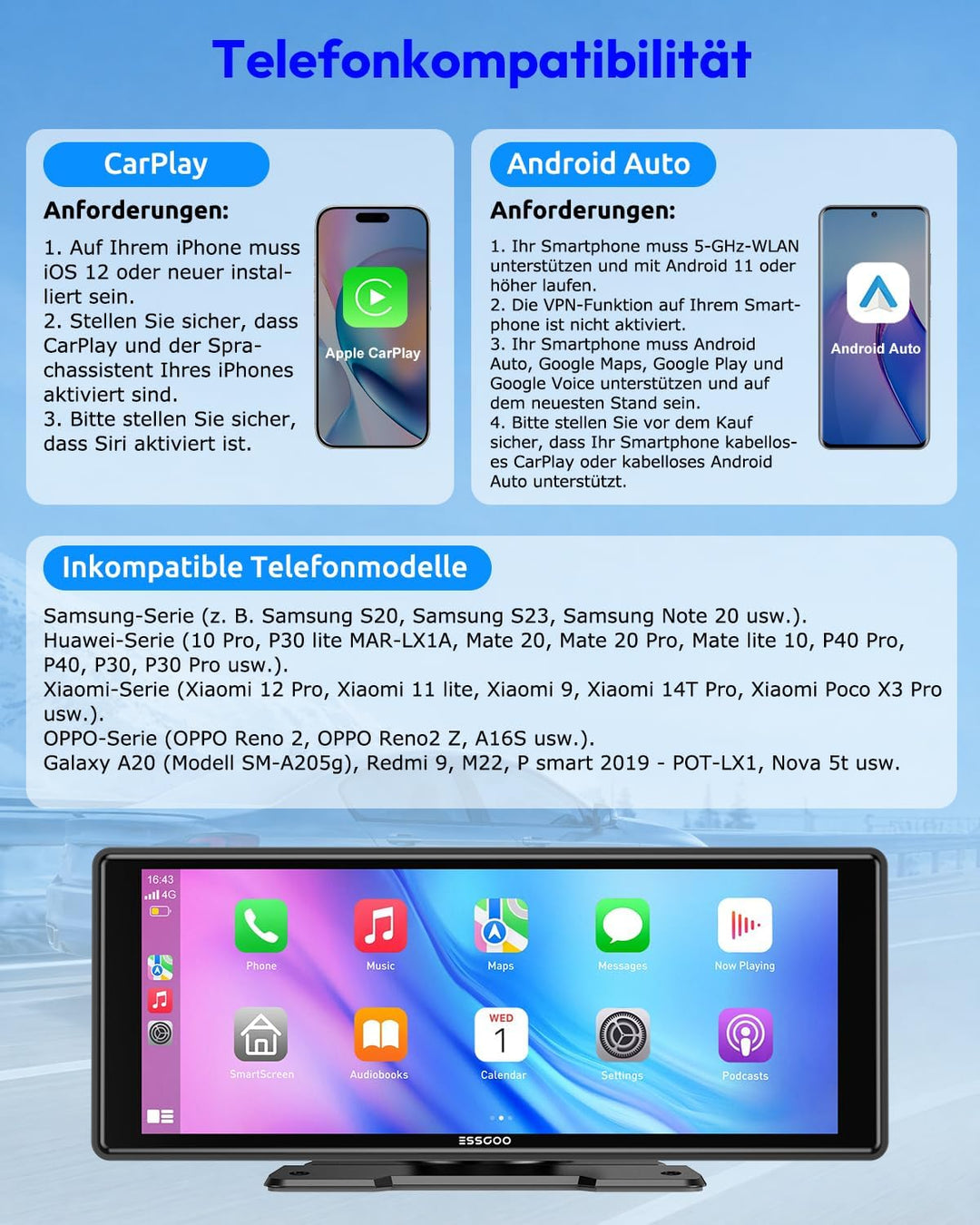 ESSGOO Carplay Android Auto Display10.26 Zoll,A-pple Carplay Bildschirm für AirPlay/Mirror Link,Car