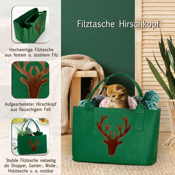 casamia Filztasche Shopper mit Schriftzug von Herzen grau o. Hirschkopf grün Farbe grün mit Hirschko