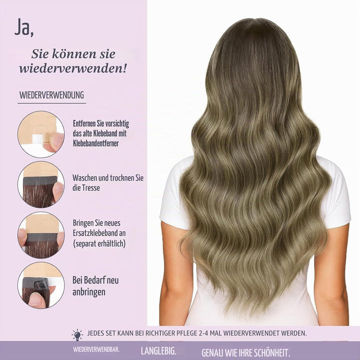 Fshine Haarverlängerung Tape Echthaar 45cm Echthaar Remy Extensions Tape 50 Gramm Balayage Dunkelbra