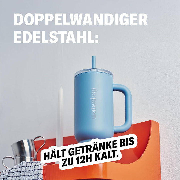 waterdrop® Thermobecher mit Strohhalm 1,1L – Auslaufsichere, robuste Trinkflasche mit aufklappbarem