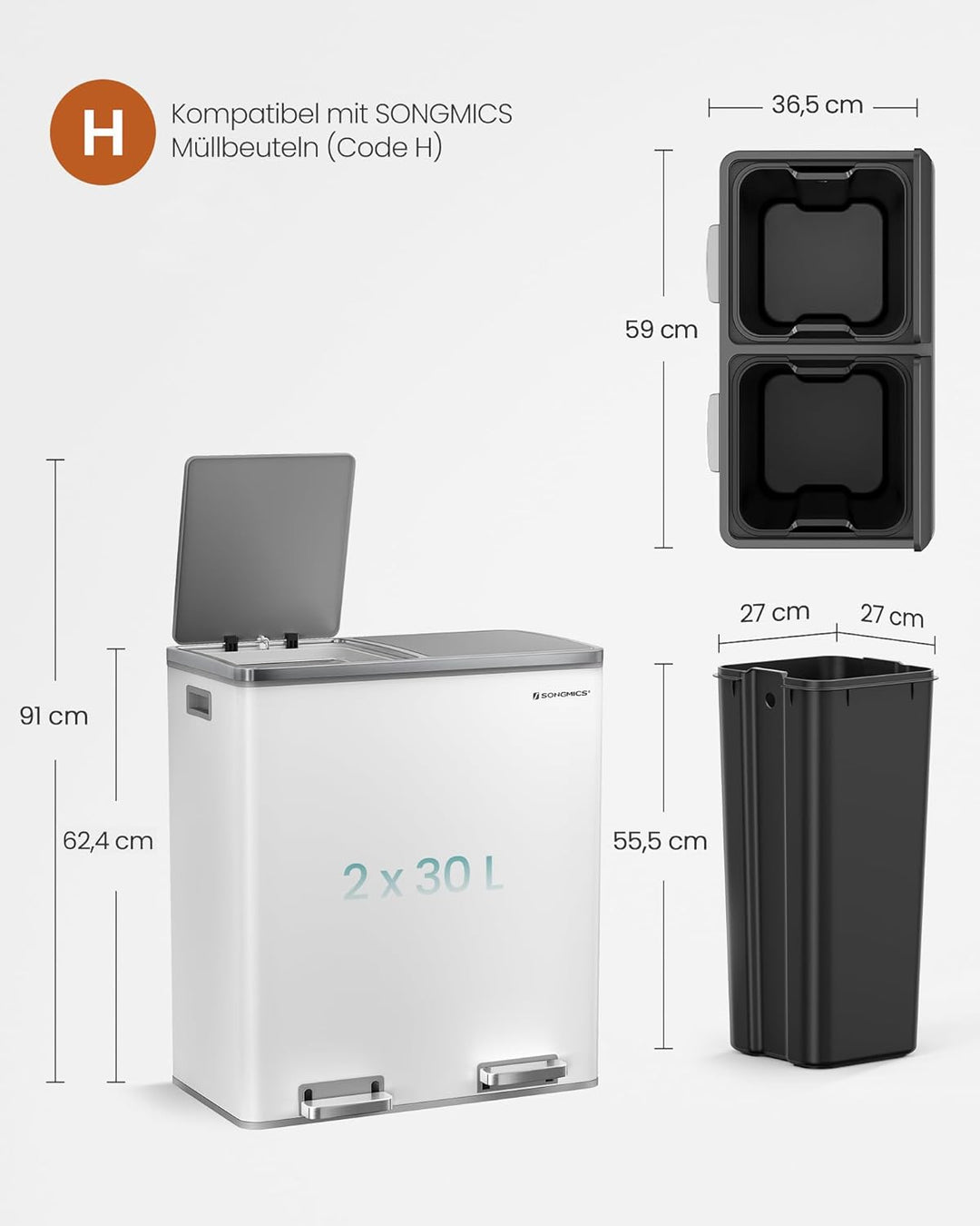 SONGMICS Mülleimer, 2 x 30 Liter, 2 Fächer, Mülltrennsystem, Treteimer, Abfalleimer Küche, 15 Müllsä