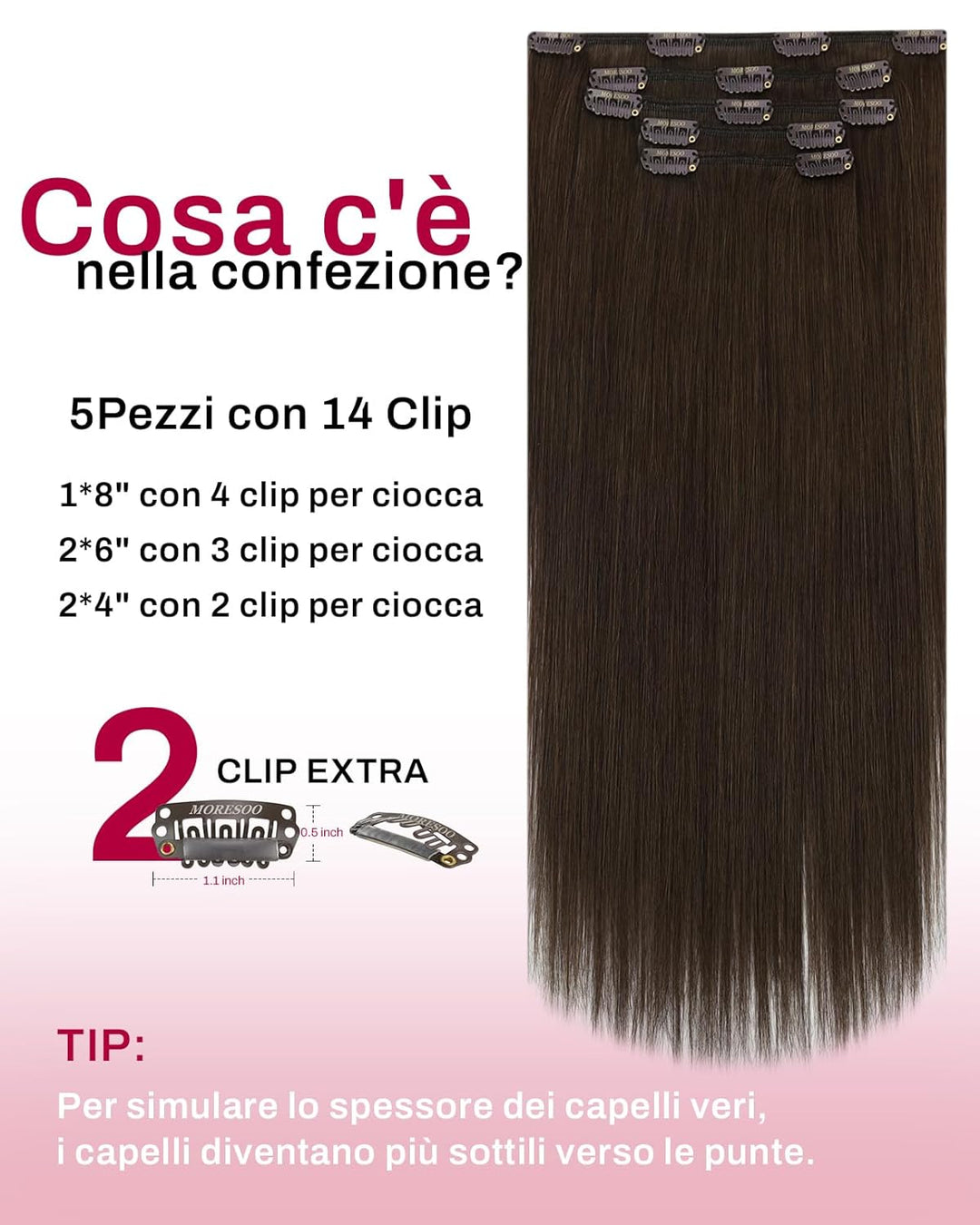 Moresoo Clip in Extensions Echthaar, Salon Qualität Weiches Glattes Haar 25 cm 5 Stück 80g Echthaar