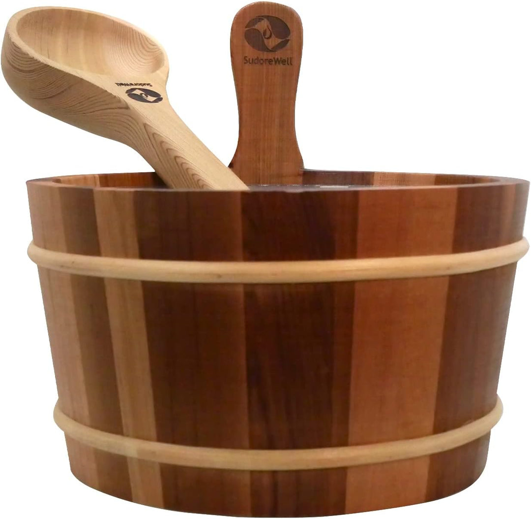 SudoreWell® Sauna Set mit Saunakübel + Saunakelle aus dunklem Red Cedar Holz plus well2wellness Saun