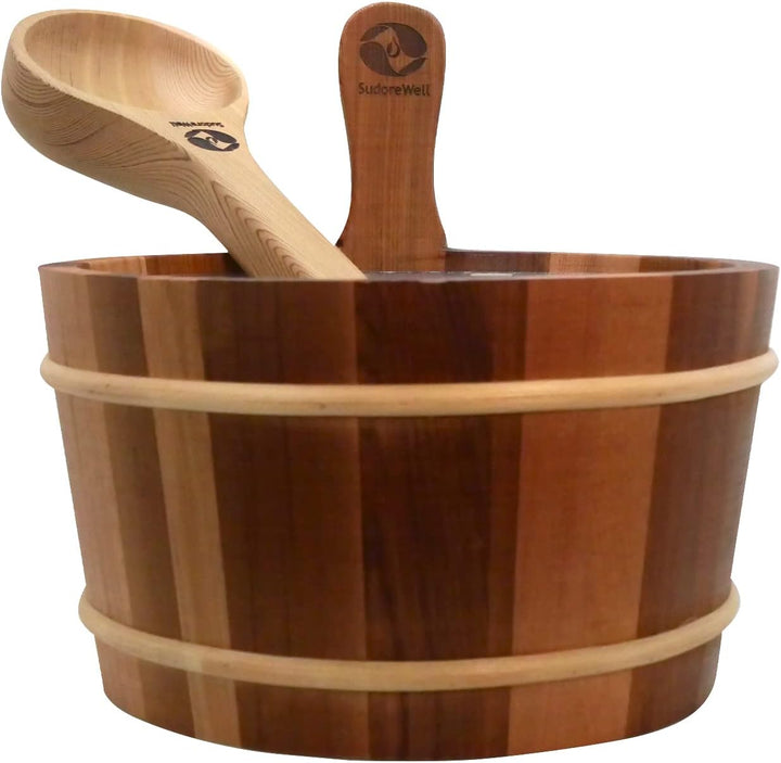 SudoreWell® Sauna Set mit Saunakübel + Saunakelle aus dunklem Red Cedar Holz plus well2wellness Saun