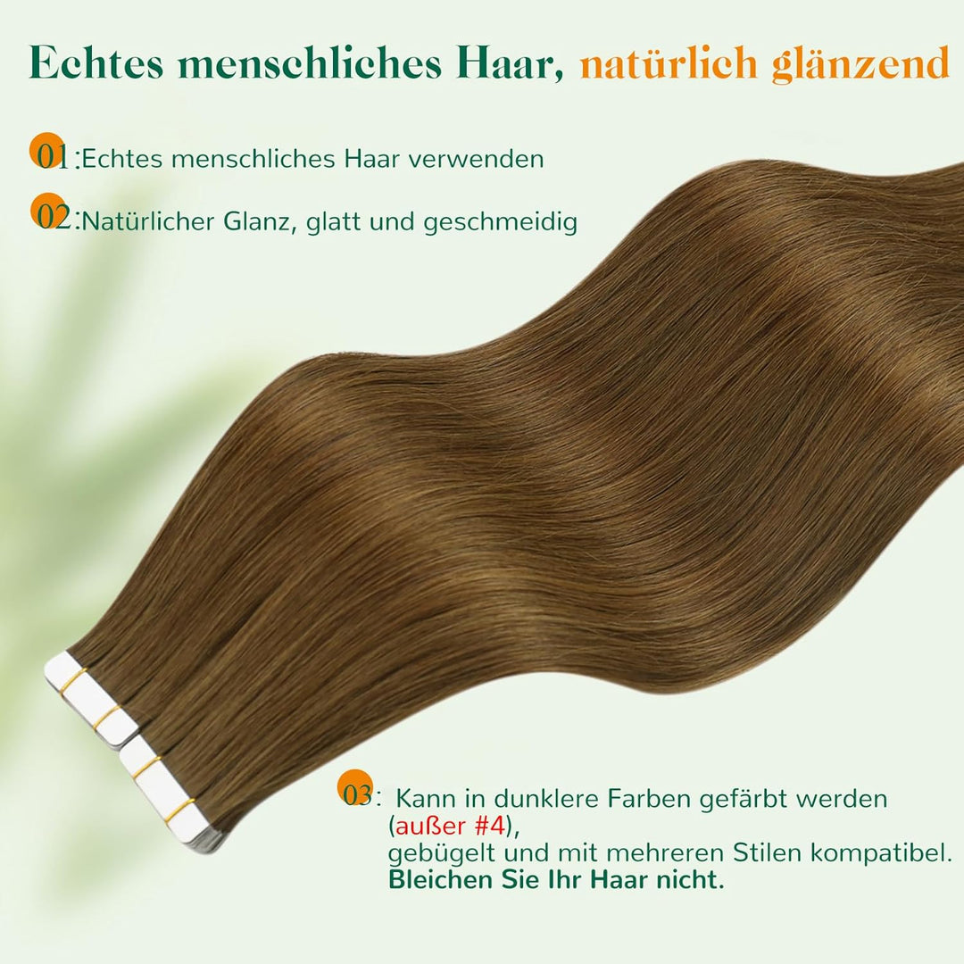 Easyouth Tape in Extension Echthaar Braun Skin Weft Tape on Haar Farbe Mittelbraun 30 cm 30g Echthaa