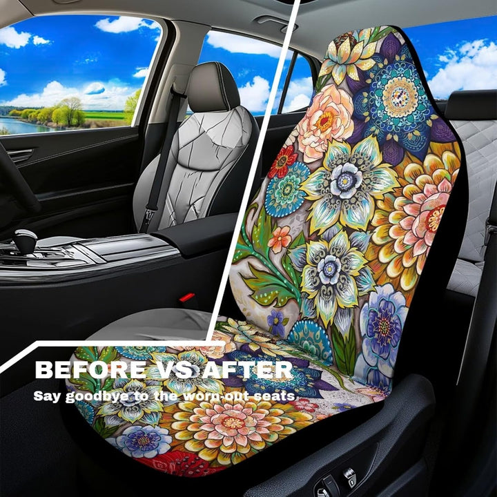 TOADDMOS farbenfroher Boho-Blumenmuster Autositzbezüge für Damen,universeller Schutz für Vordersitze