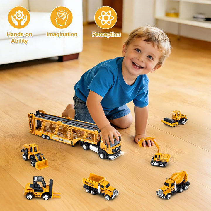 Naxudcoo Baufahrzeug Spielzeug für Kinder, LKW Spielzeugset mit Bagger, Autotransporter, Bulldozer,