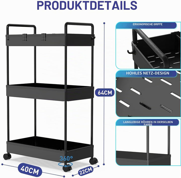 Ronlap Rollwagen Küchewagen mit 3 Ebenen, Servierwagen mit Aufhängebecher, Separator, Haken, Regal a