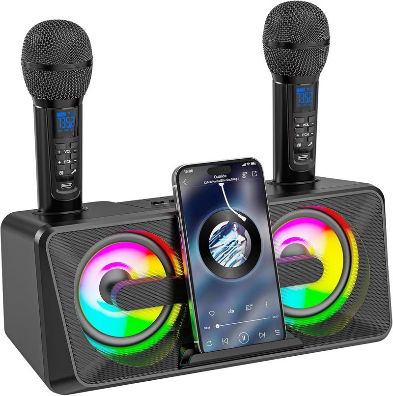 Karaoke Machine for Adults and Kids with 2 UHF Wireless Microphones, Portable Bluetooth Singing Spea