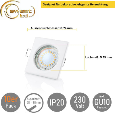 sweet led Einbaustrahler weiss Eckig GU10 fassung 230V Set 5W Einbauleuchten, Deckenspots Deckenstra