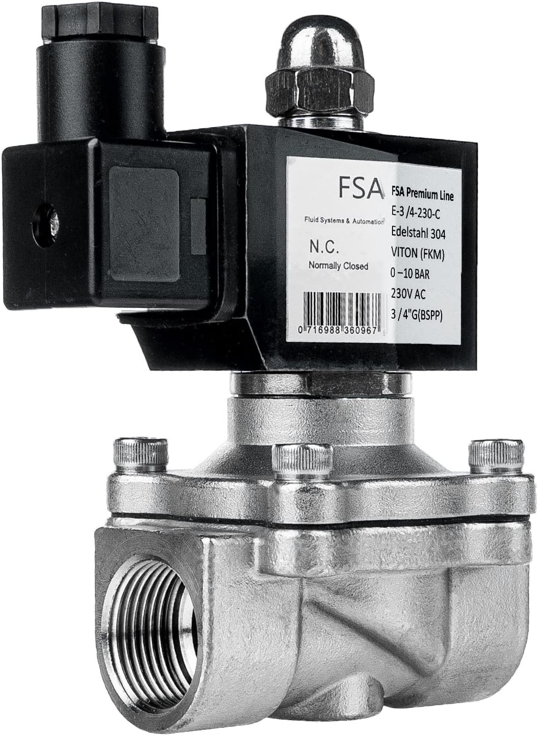 FSA Magnetventil Edelstahl 3/4" 230V AC 0-10 bar Viton stromlos geschlossen, 3/4" 230v Ac
